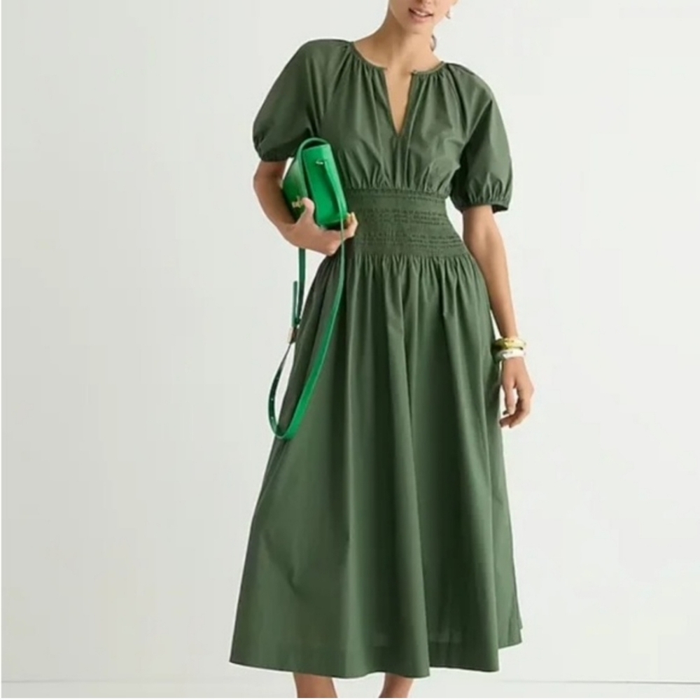 J Crew Provence Smocked Poplin Midi Dress 100% Cotton Green XSP